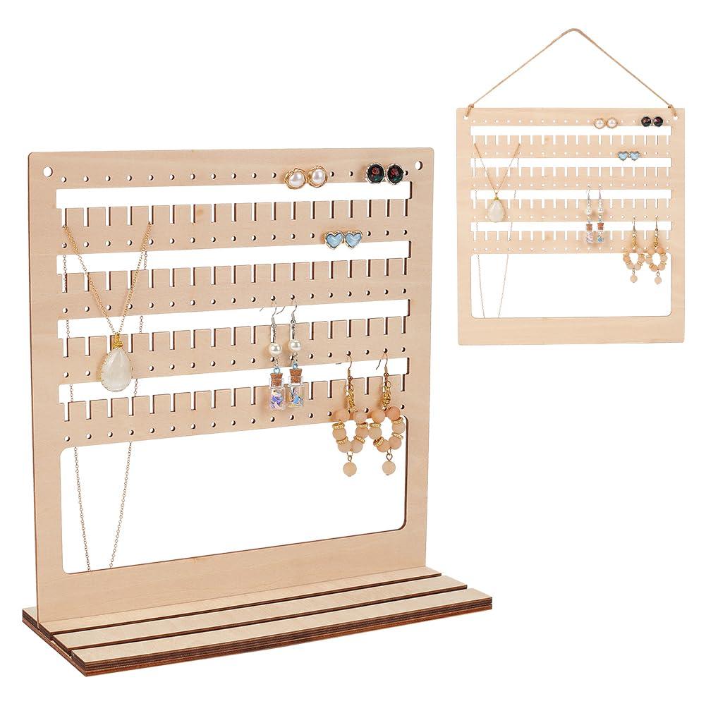 PH PandaHall Earring Organizer Stand, 5-Layer 90 Holes Earring Holder Rack Wooden Base Jewelry Organizer Hanging Holder for Earring Necklace Bracelet Storage, with Hemp Rope