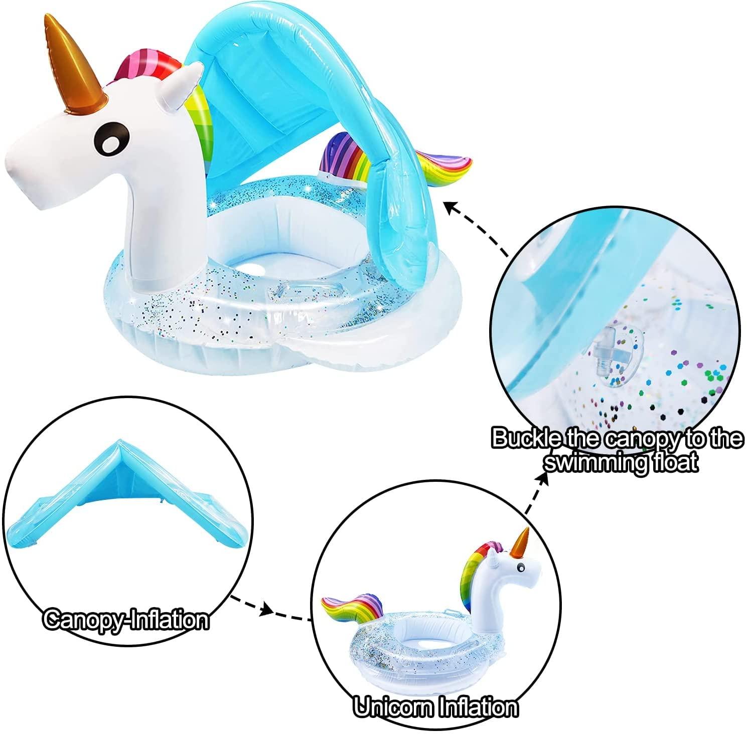 mciskin Unicorn Baby Swimming Pool Float with Canopy,Glitters Seat &Safety Handle,Summer Baby Floats for Pool, Inflatable Baby floaties for 1-3 Years Kids Family Summer Outdoor Party Favor 3