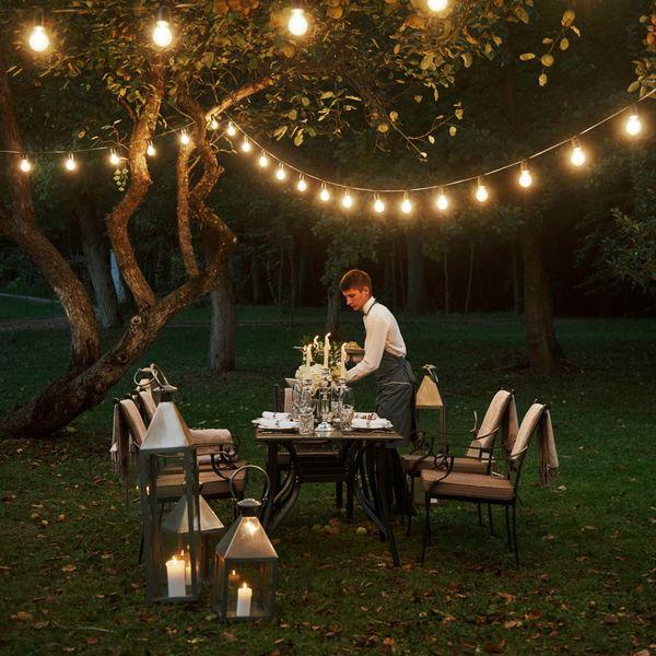 Comyan 3 Color Dimmable LED Outdoor String Lights Mains Powered with Remotes, 48FT Waterproof Patio Hanging Lights with S14 LED Bulbs Christmas String Light for Garden, Backyard, Cafe, Party, Wedding 4