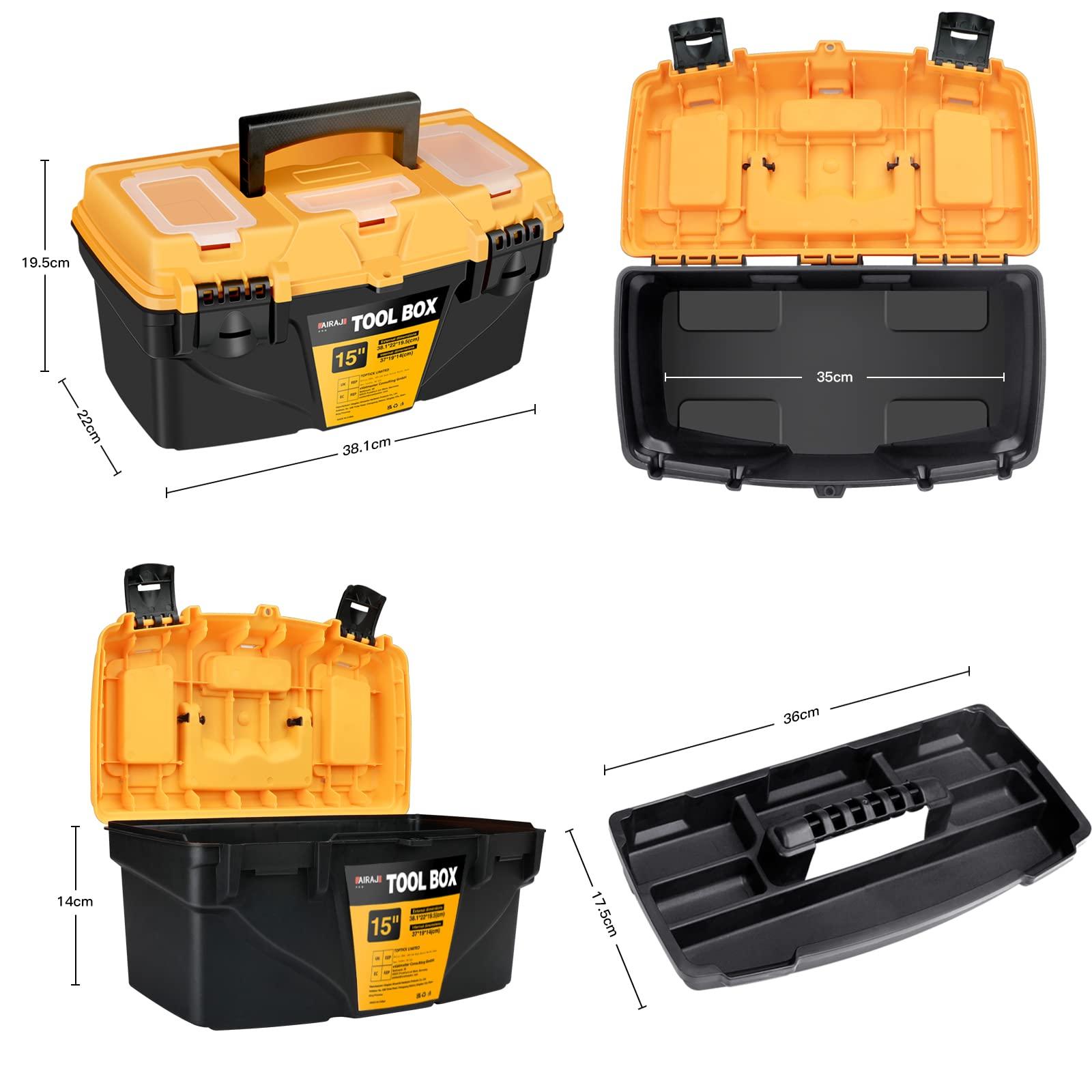 AIRAJ 15" Tool Box with Double Locking Buckle, Lightweight Plastic Tool Box with Removable Tray and Small Parts Box,Portable Tool Storage Box for Tools(38.1 * 22 * 19.5cm) 1