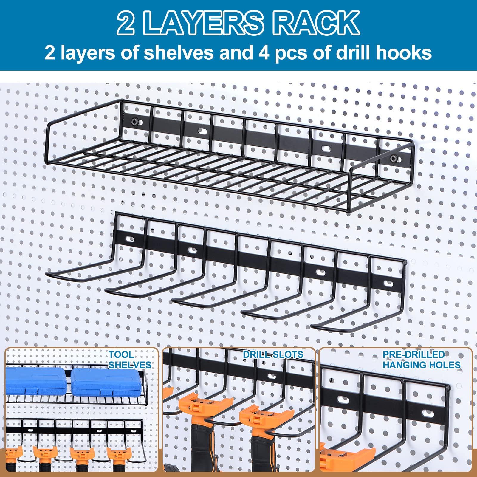 sourcing map Power Tool Organizer 2 Layers 4 Drill Storage Racks Wall Mount Style Garage Tool Shelf for Power Tools and Hand tools 3