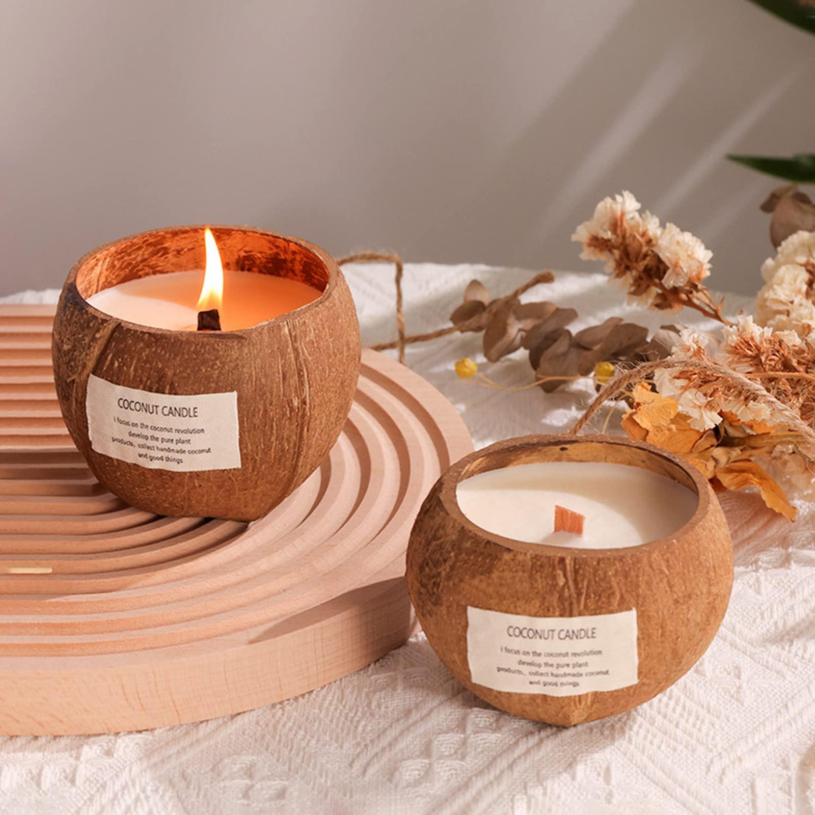 Soulnioi Coconut Candle Home Scented Candles Made from Coconut Shells Soy Wax Aromatherapy Candly|Burning Time 50-60hours, and 3pcs Irregulat Polished Rose Quartz Natural Crystal Stones 1