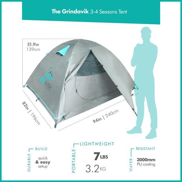 FE Active 4 Person Tent - Four Season 3-4 Man with 3000mm Waterproof Rip-Stop, Full Rainfly, Aluminum Poles Adult Tent for All Year Camping, Backpacking, Hiking, Travel | Designed in California, USA 2