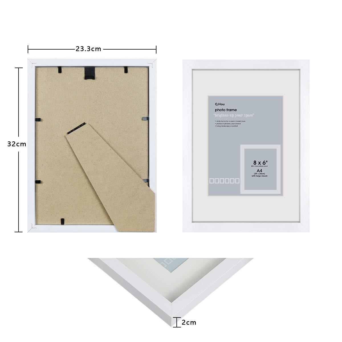 Q.Hou A4 White Picture Photo Frame with Mat, Mount for 8x6 or Certificate without Mat, 3 Packs, Real Glass Front, Freestanding and Wall Mountable(005UK-QH-PFA4-WHT) 4