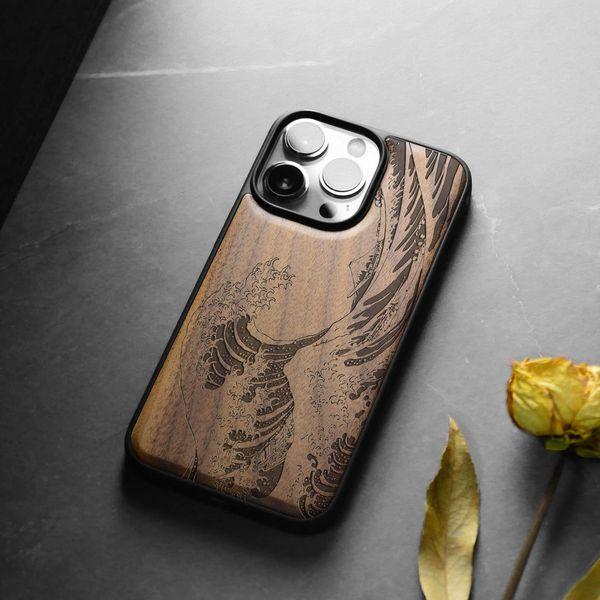 Carveit Case for iPhone 14 Pro Max Compatible MagSafe Protective Cover Wood Hybrid TPU Shockproof Bumper For Apple 14 Pro Max Magnetic Cases Design Wooden (The Great Wave Off Kanagawa-Walnut) 3