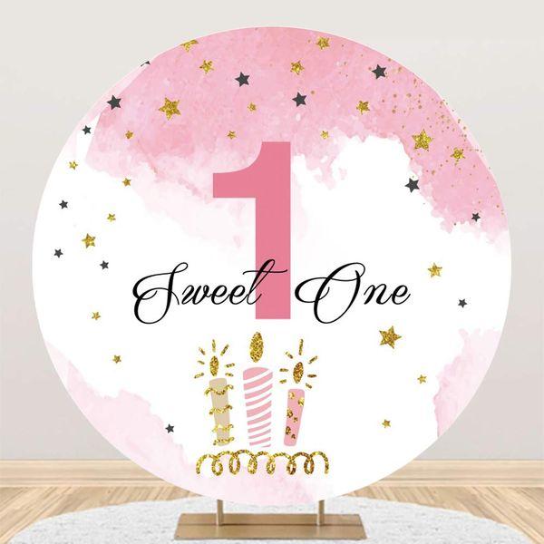 Renaiss 6.5ft Girls 1st Birthday Round Backdrop Candle Stars Pink Polyester Photography Background Baby Shower Birthday Party Decoration Cake Table Banner Photo Studio Props 0