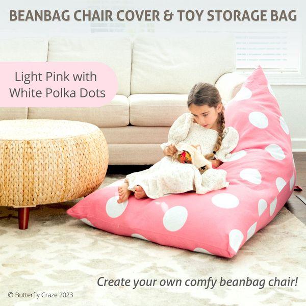 Butterfly Craze Bean Bag Chair Cover, Functional Toddler Toy Organizer, Fill with Stuffed Animals to Create a Jumbo, Comfy Floor Lounger for Boys or Girls, Stuffing Not Included, Light Pink Polka Dots 1