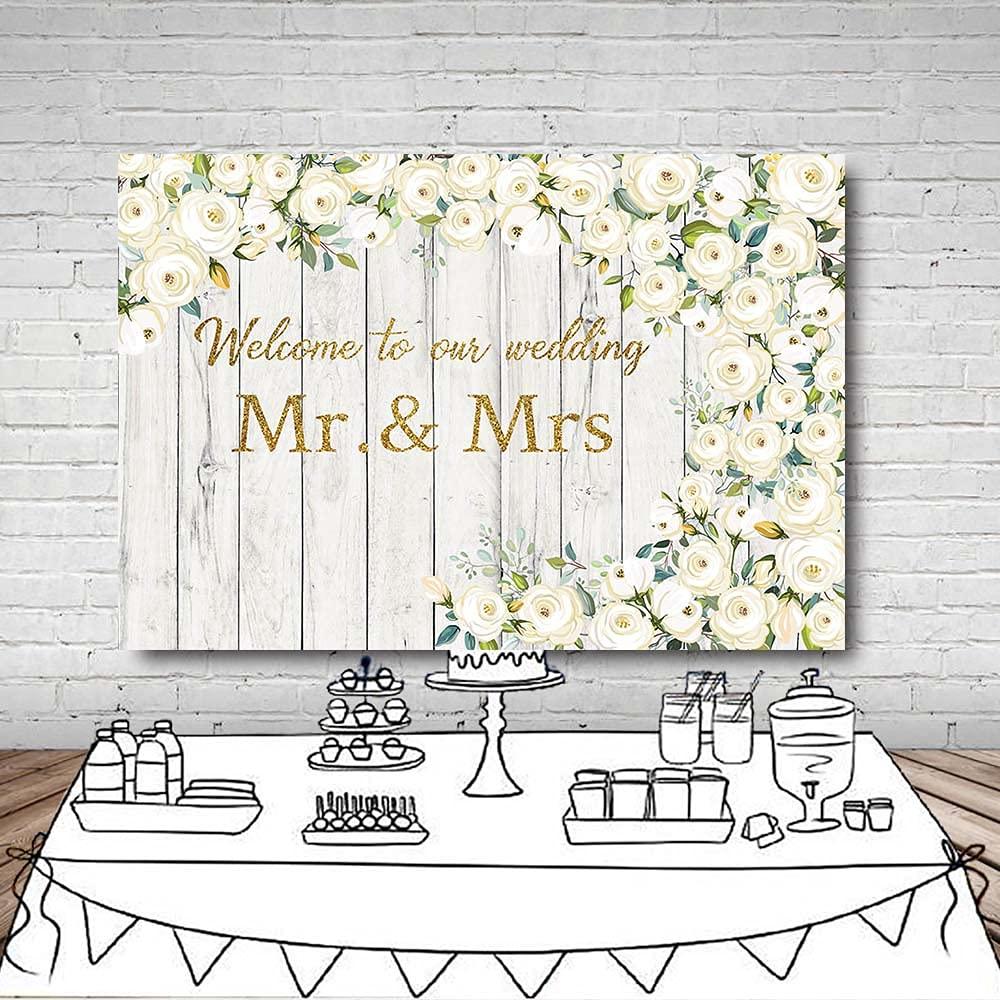 MEHOFOND 7x5ft White Rose Flower Backdrop for Wedding Decoration Welcome To Our Wedding Floral Retro Wood Wall Bridal Shower Party Banner Portrait Photography Background Photo Booth Vinyl 4