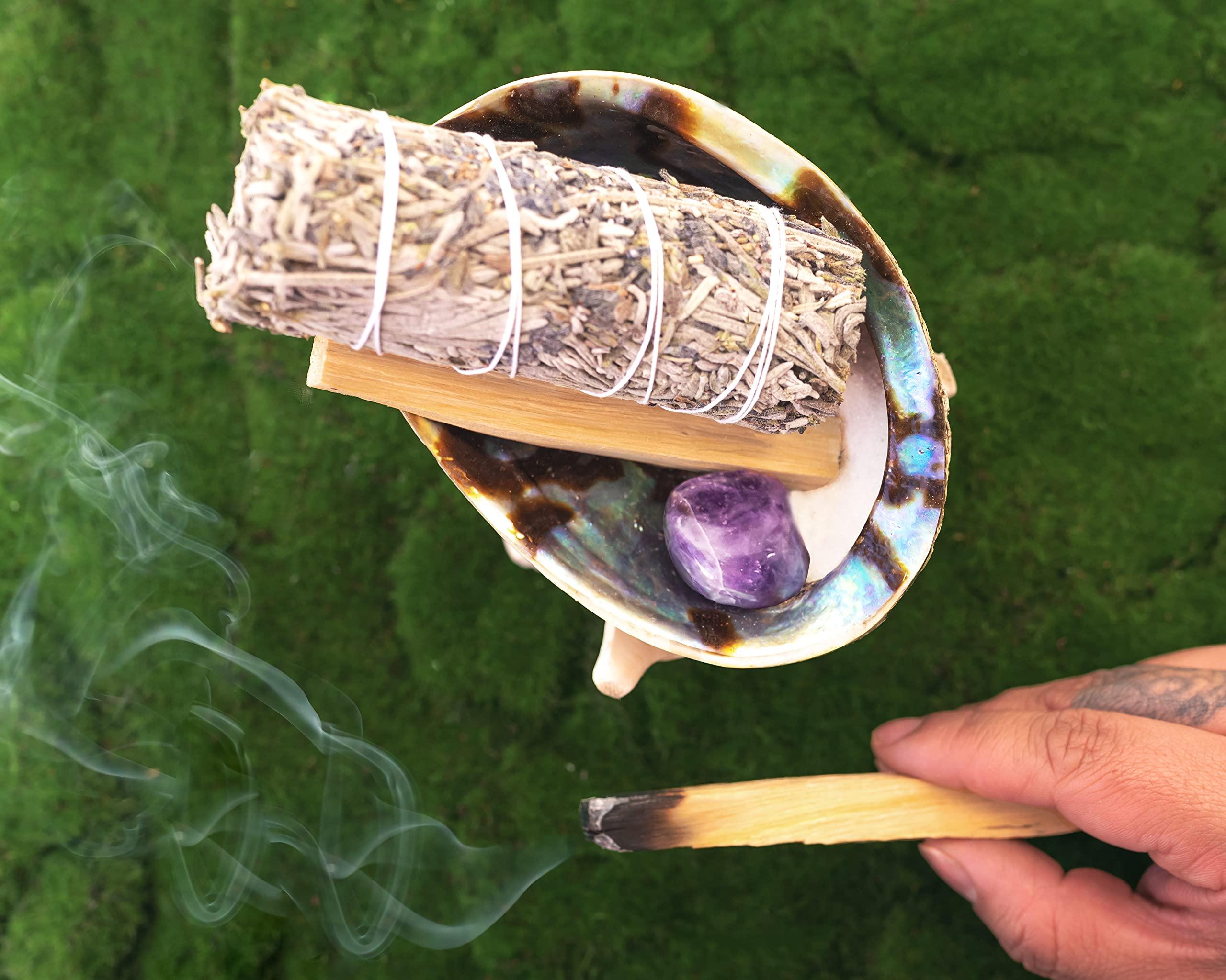 Spiritual Items - Lavender Leaf Smudge Stick ~ Abalone Shell for Smudging ~ Palo Santo Sticks ~ 2 inchTripod Stand ~ 8 inch Feather and White Sand 2