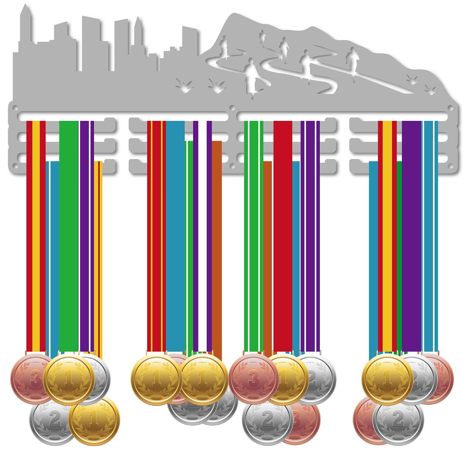 CREATCABIN Running City Medal Holder Hanger Silvery Metal Iron Medal Rack Organizer Medal Stand Frame with 12 Hooks 3 Rows Hanging Over 60 Medals Wall Mounted Hanger for Marathon Runner 15.7 x 6Inch