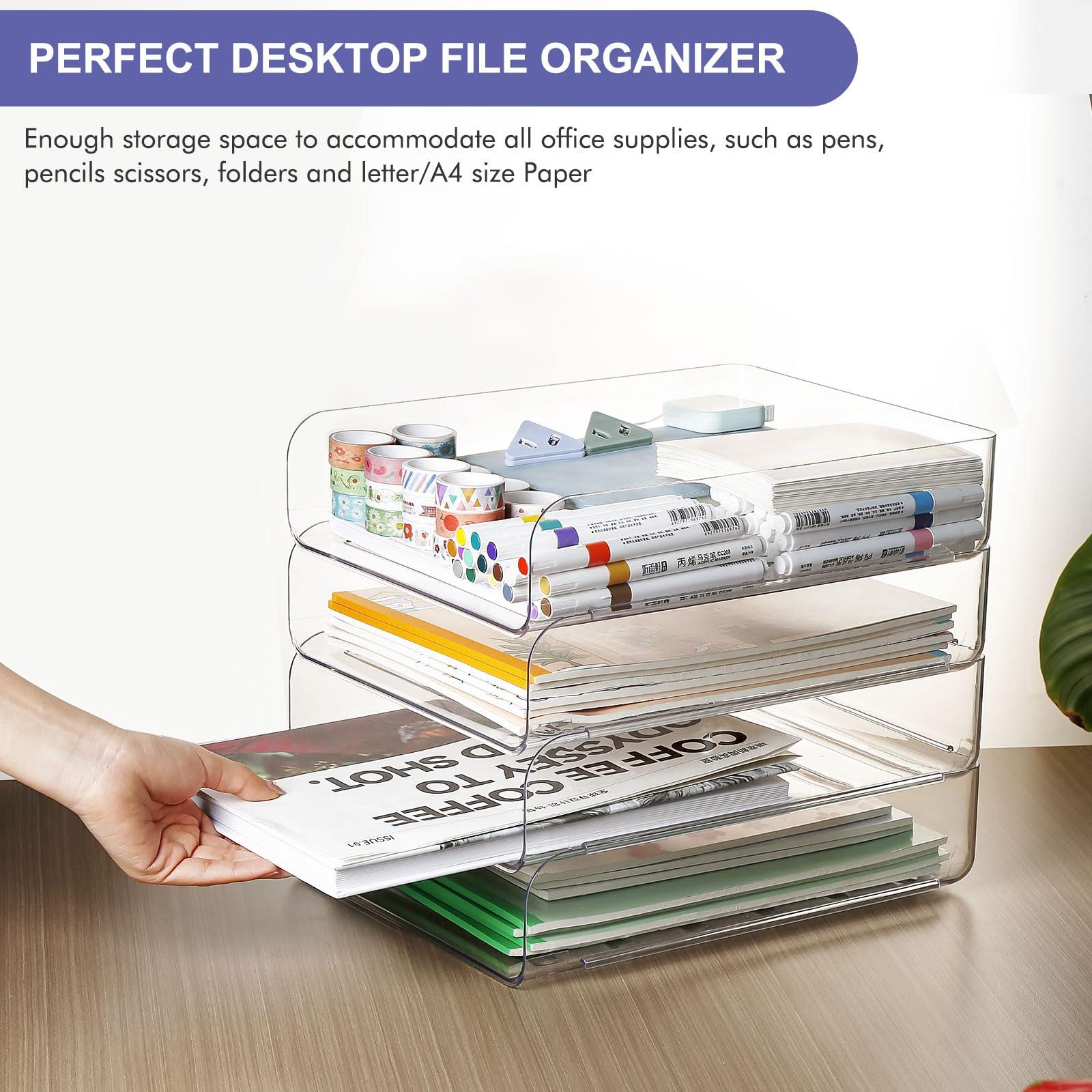 Greentainer Stackable Clear Paper Trays - Desktop Racks for Desk File Rack,Letter Tray,Accessories Tray for Desktop,A4 Paper Holder,Supplies,Magazine,File Documents,Receipts (4pack, Clear) 3