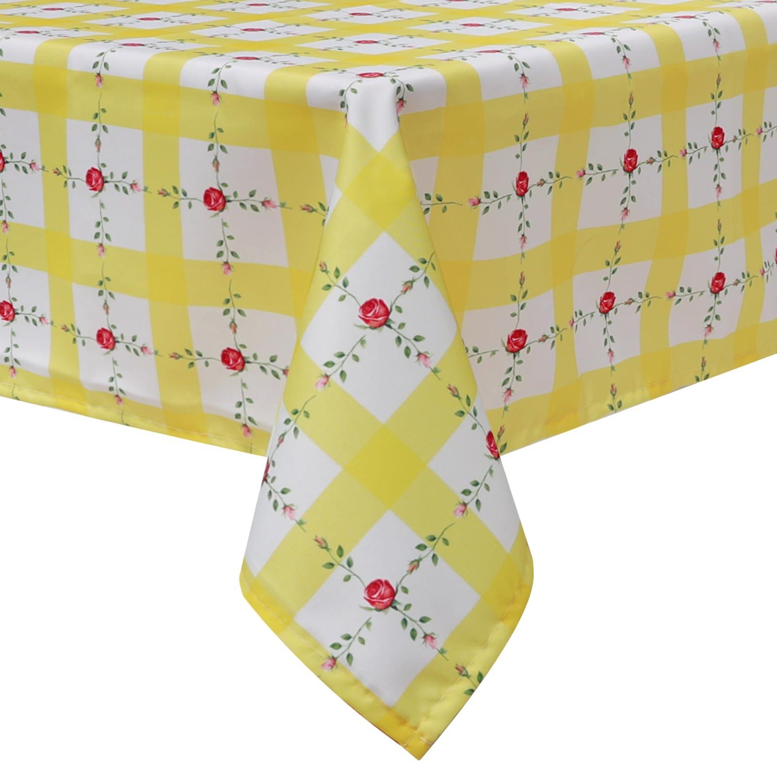 Arquiel Yellow Plaid Rose Tablecloth Spring Summer, Waterproof Rectangular Tablecloth Washable, Stain Resistant Cloth Table Cover for Party Picnic Dinner Decor (152x213cm)