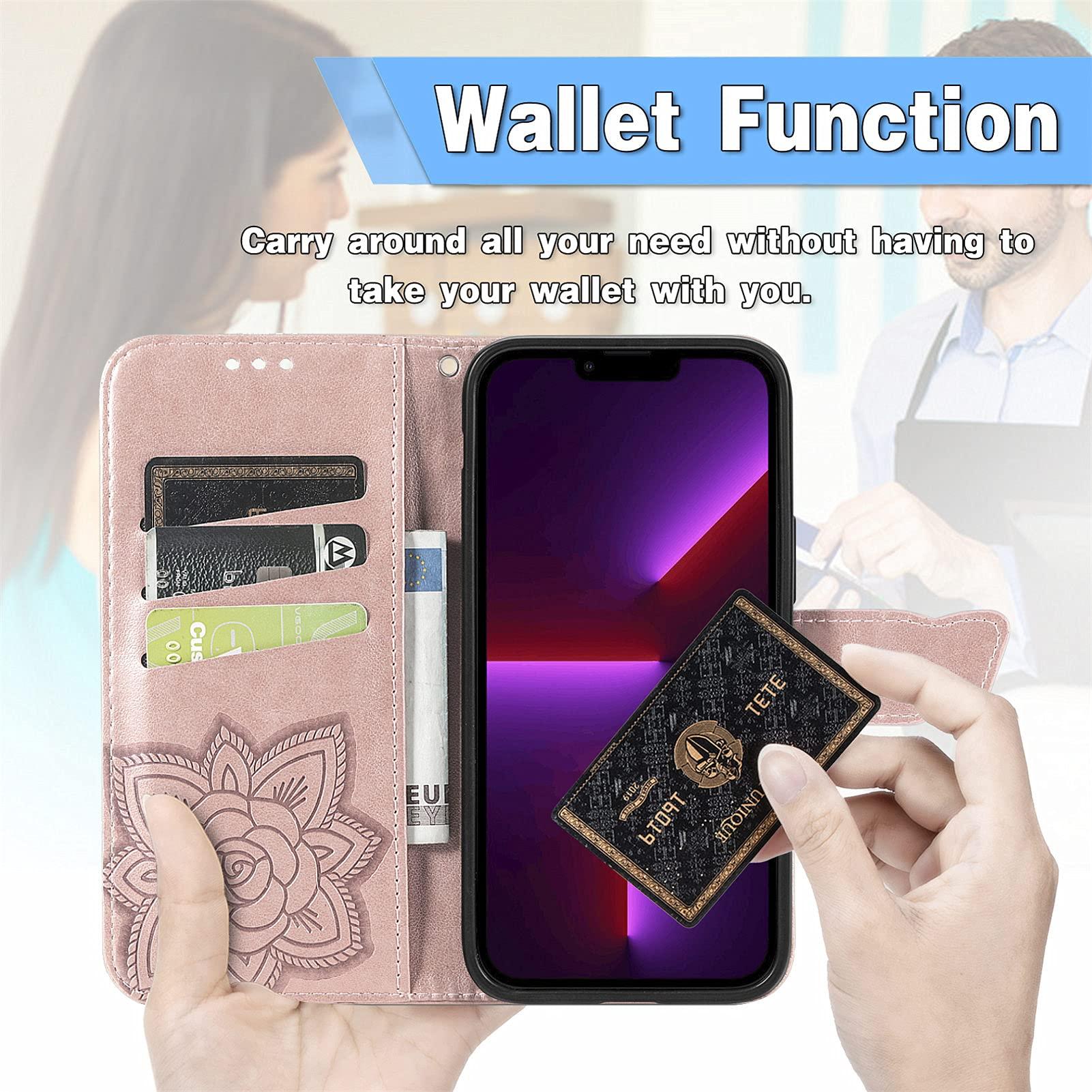 Bizzib for iPhone 13 5G Case Magnetic Closure Wallet,Embossed Floral Butterfly Leather Folio Flip Case with Wristlet and Card Slot Shockproof Protective Cover for Women Girls-Rose Gold 1