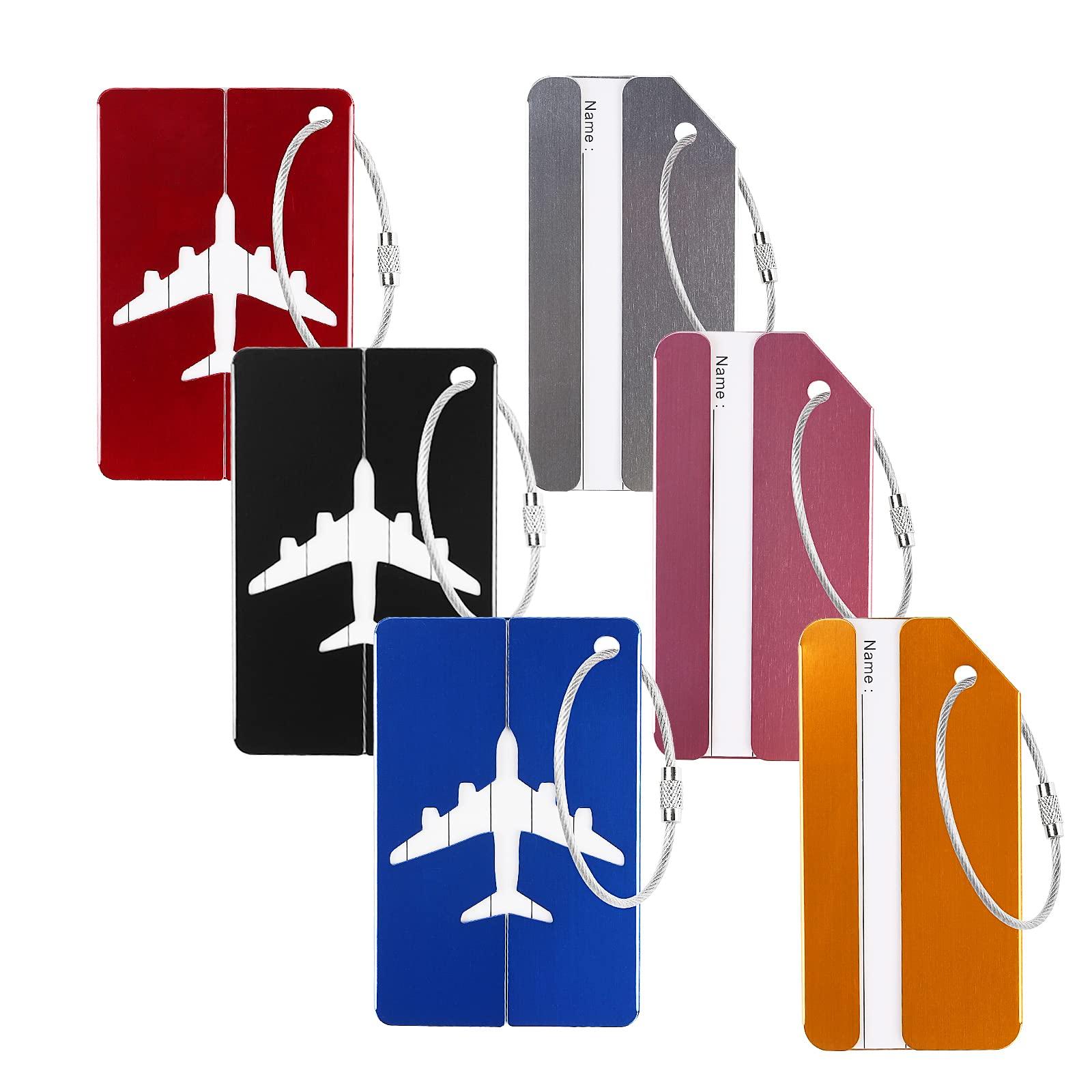 ZoomSky Luggage Tags, 6 Pack - Aluminum Alloy ID Address Tag with Stainless Steel Rope, Airplane & Strip Pattern, Privacy Cover, Business Trip, Gift for Travelers