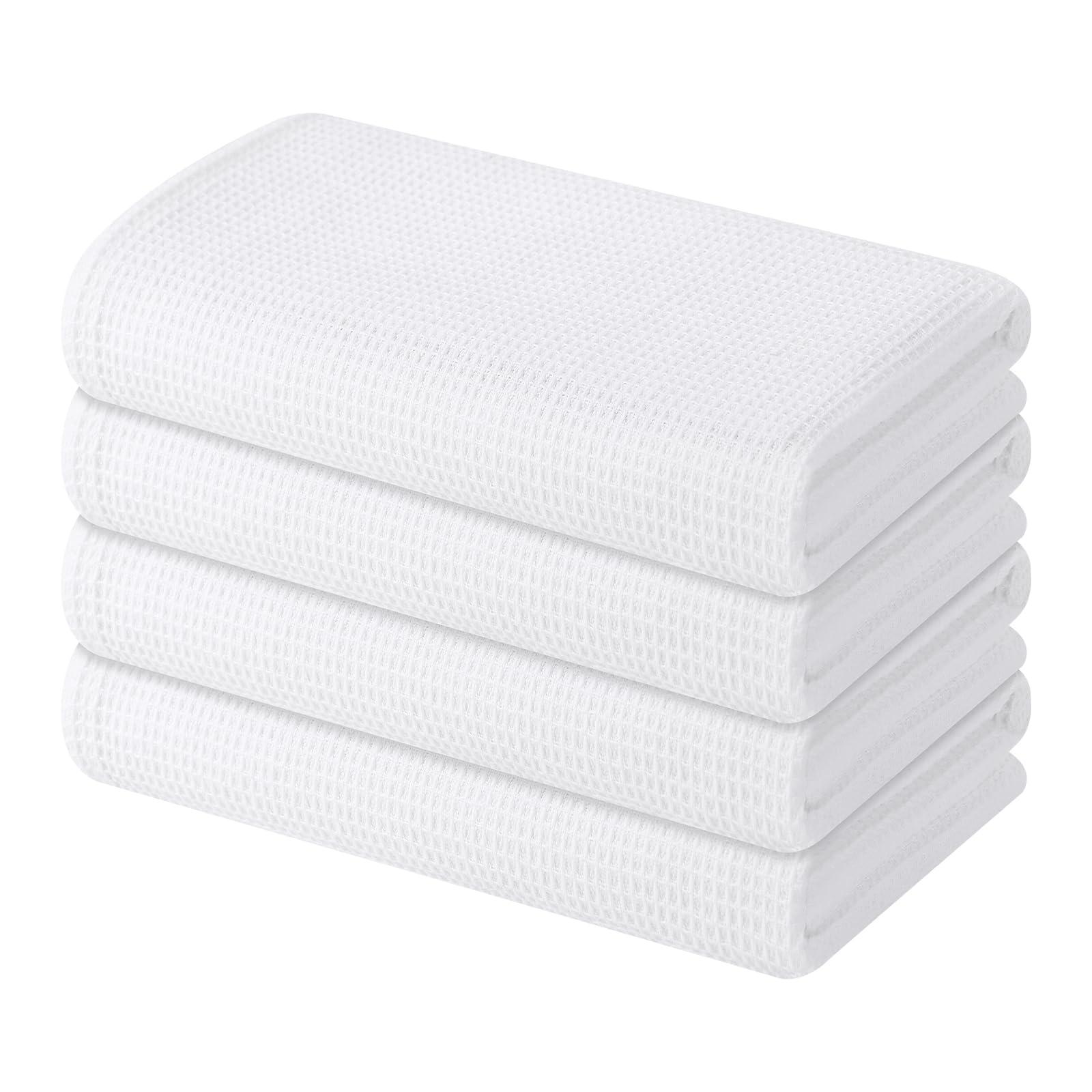 Moosfor Pack of 4 Dish Towels Cloths, 100% Cotton Absorbent Lint Free Kitchen Towels, Quick Drying Waffle Weave Cleaning Cloth with Hanging Loop, 41 x 66 cm, White