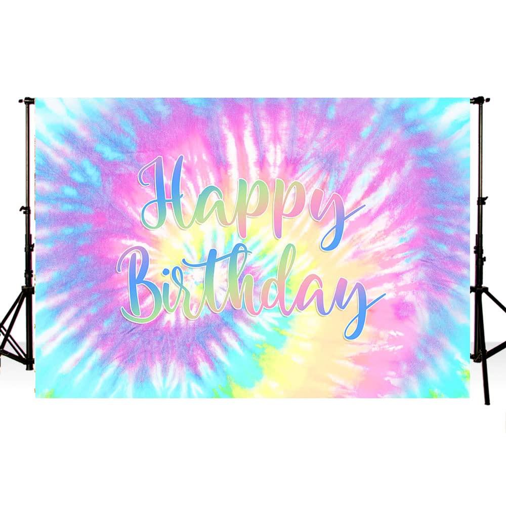 MEHOFOND 7x5ft Tie Dye Birthday Party Backdrop Macaron Pastel Girl Happy Birthday Background Rainbow Bday Party Decorations Cake Smash Table Banner Supplies Photo Studio Prpos 0