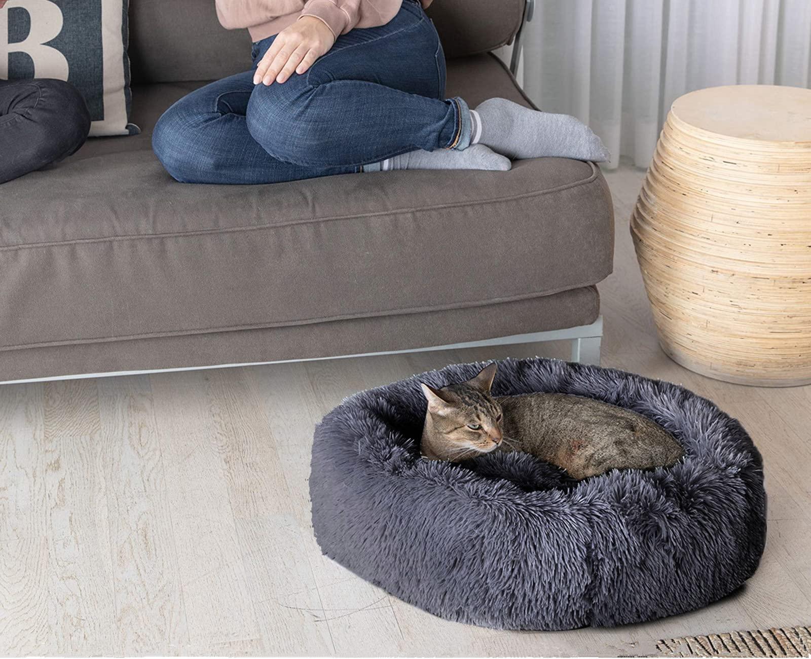 Enjamoy Plush Donut Dog Bed, Calming Round Dog Cat Bed Soft and Fluffy Cuddler Pet Cushion Self-Warming Puppy Beds Machine Washable, Dark Grey 60cm 4