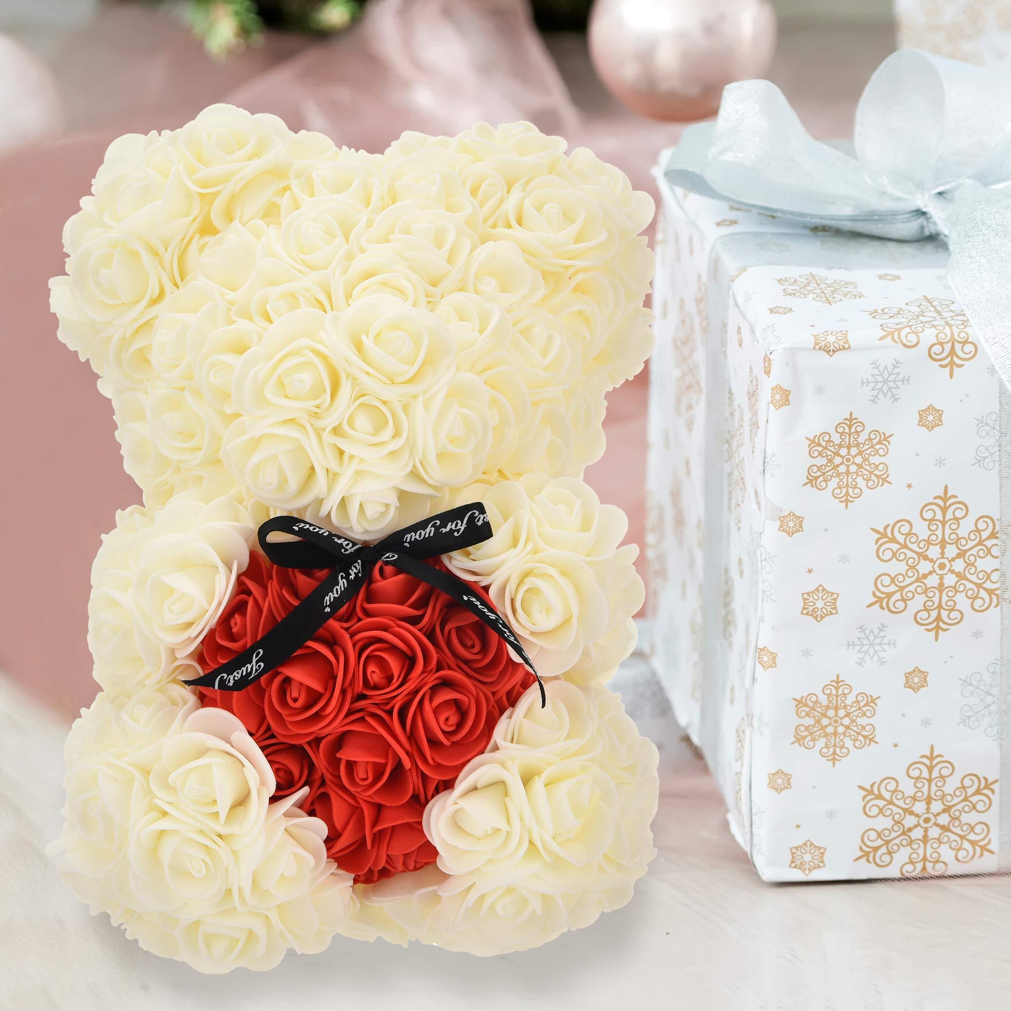 Rose Bear - Rose Teddy Bear 10 inch Hugz Teddy Flower Bear - Over 250 Dozen Artificial Flowers - unique gifts, gifts for women Clear Gift Box (milk white) 3