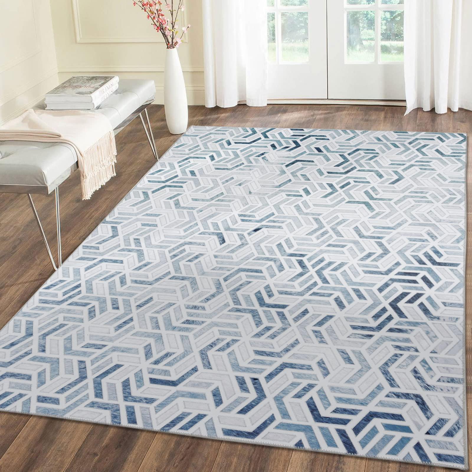 Taleta CORONADO Washable Rugs for Living Room Modern Area Rug Blue Non Slip Geometric Rug Large Rug for Bedroom Machine Washable Rug Soft Patchwork Faux Cowhide Carpet for Home (Multi, 120x170 cm)