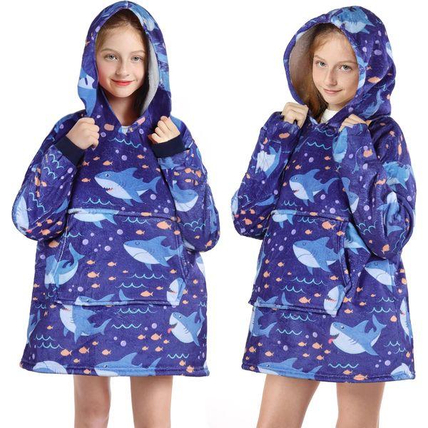 Queenshin Shark Wearable Blanket Hoodie,Oversized Sherpa Comfy Sweatshirt for Teens Kids Boys 7-16 Years,Warm Cozy Animal Hooded Body Blanket Blue 2