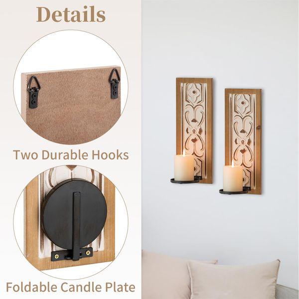 Sziqiqi Wooden Candle Sconce Wall Candle Holder - Shabby Chic Wall-Mount Pillar Candles Holders Rusitc Wall Sconces with Flower Embossed Design Wall Art Decorations for Living Room Farmhouse 4