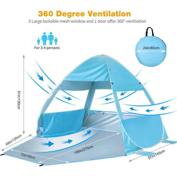 Pop Up Beach Tent for 1-3 Person/2-4 Person, UPF 50+ UV Sun Shelter, Automatic Instant Portable Beach Tent, Sun Shade Shelter with 4 Sides Ventilation Design, Outdoor Pop Up Tent for Family 4