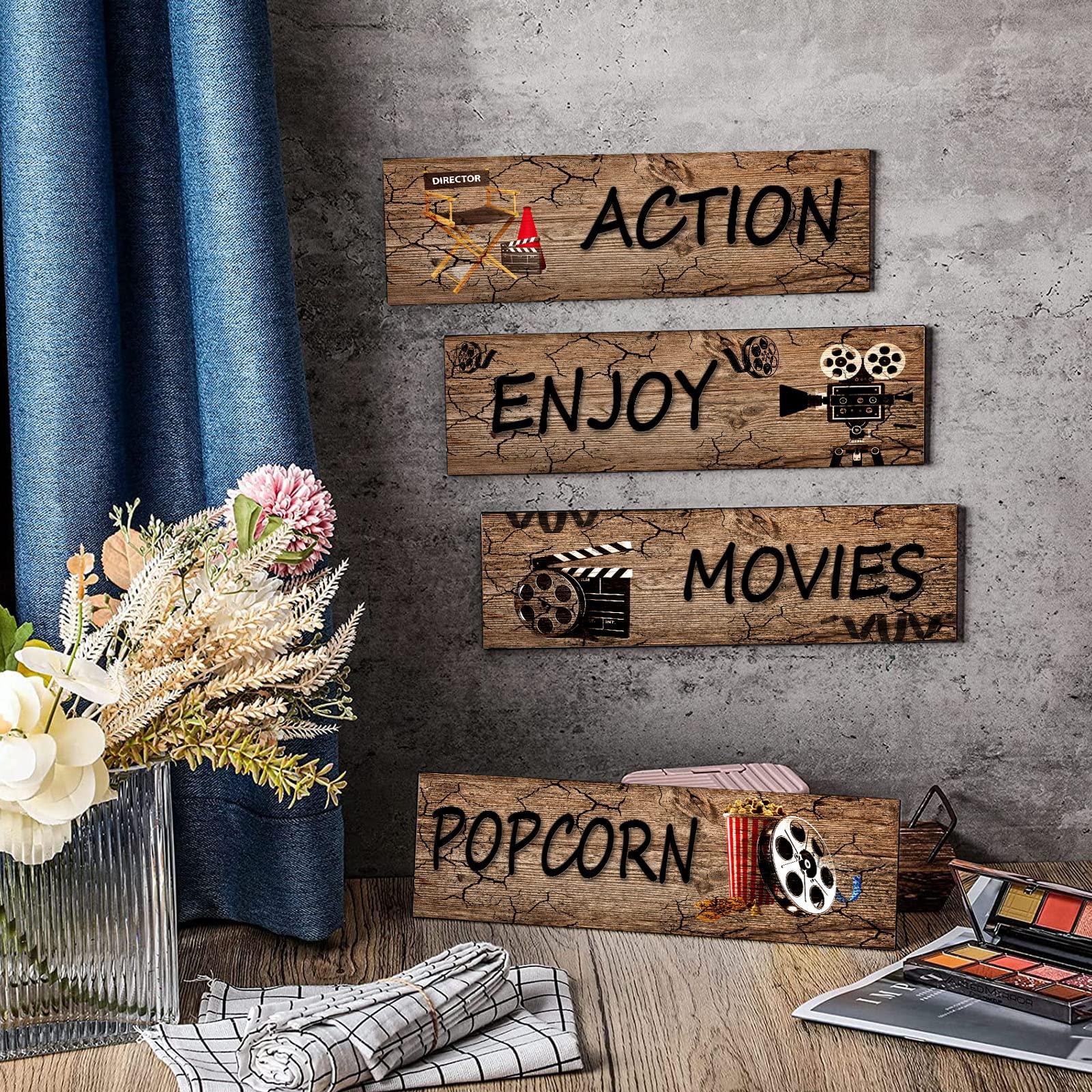 4 Pieces Movies Theatre Wall Art Film Reel Wood Wall Plaque Action,Movies,Enjoy,Popcorn Wooden Signs Rustic Home Theatre Decor Film Clapperboard Wall Decor Retro Filmmaking Chalkboard Wall Art(Black) 2