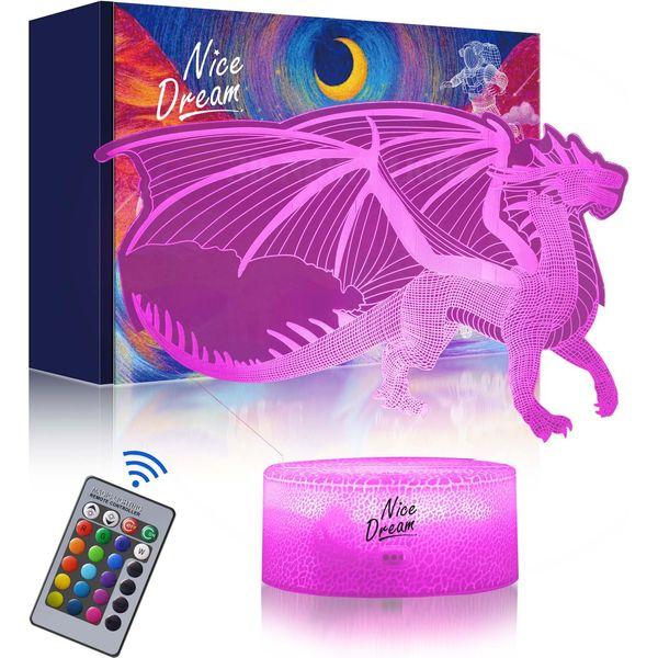 Nice Dream Dragon Night Light for Kids, 3D Illusion Night Lamp, 16 Colors Changing with Remote Control, Room Decor, Gifts for Children Boys Girls 0