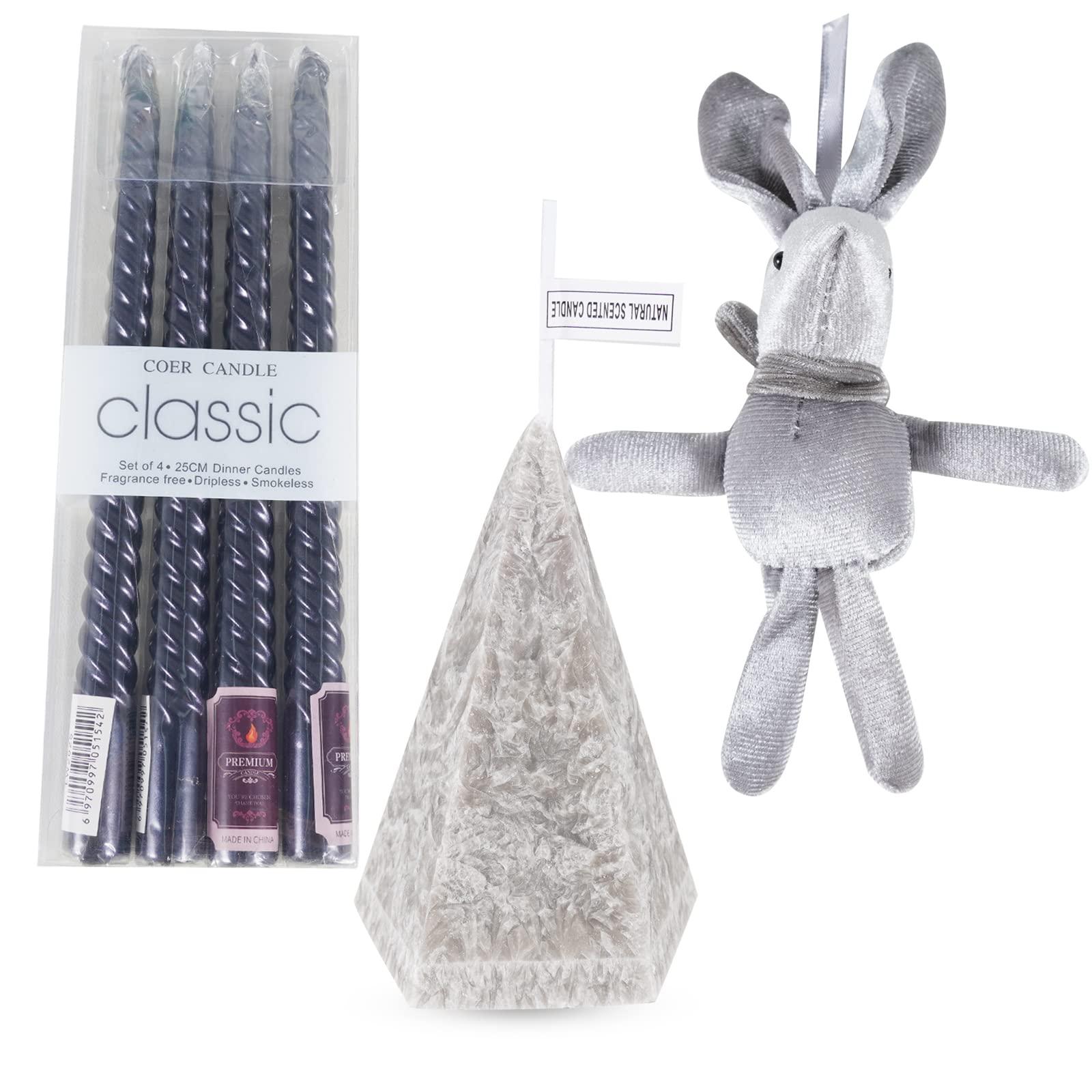 Soulnioi Geometric Cone Scented Candle(Blue Wind Chimes), 4pcs Black Tall Tapered Candle, Velvet Bunny Doll Charm Hanging(Grey), Gifts for Valentine's Day/Birthday/Anniversary 0
