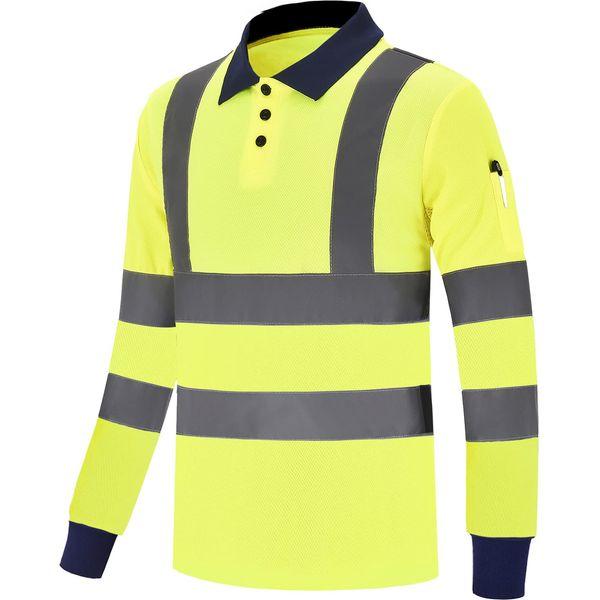 AYKRM Hi Viz Polo Shirts Reflective Tape Safety Security Work Button T-Shirt Breathable Lightweight Double Tape Workwear Top(XS-8XL