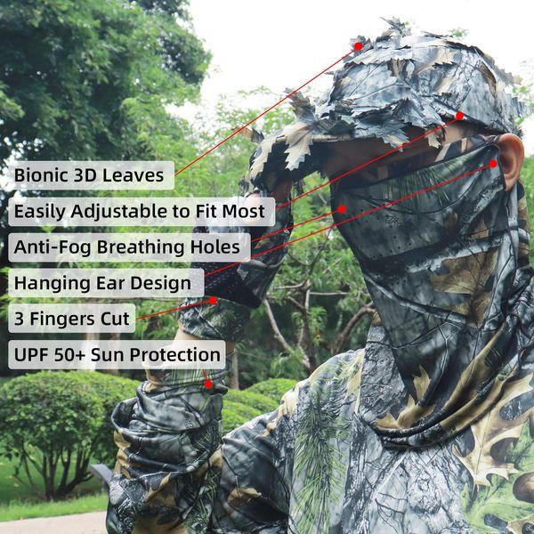 Tongcamo Hunting Face Mask Gaiter with Ghillie Hat, Camouflage Gloves Leafy, Arm Sleeves for Men Women Waterfowl Tree Camo Duck Turkey Hunting Blinds, 6 Pieces Hunting Accessories 4