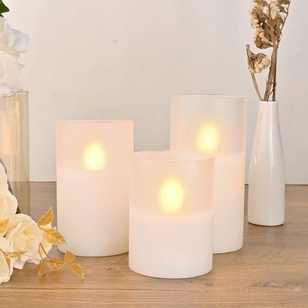 M Mirrowing Flameless Frosted Glass LED Candles, Flickering Flameless LED Candles with 10 Keys, with Remote Control and Timer, Battery Operated Flameless Pillar Candles in Glass Holder, Set of 3 3