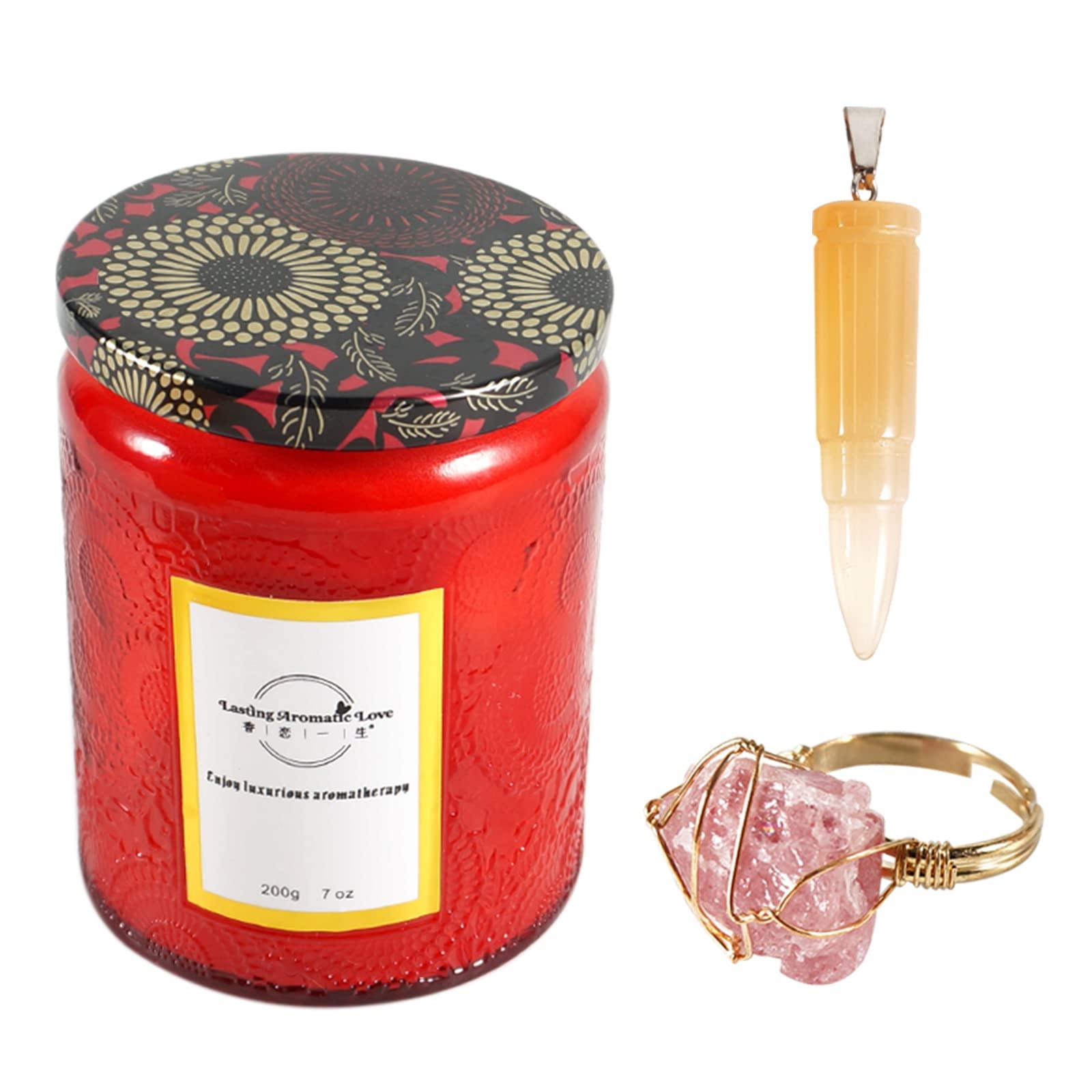 Soulnioi Embossed Red Glass Jar Candle Natural Soy Wax Candles Aromatherapy Candles Rose & Leather Scent | Up to 40 Hours Burn Time |, with Strawberry Crystal Ring and Agate Bullet Pendant Necklace 0