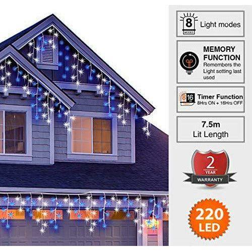 Christmas Lights 320 LED 11m/36ft Outdoor Christmas Lights Icicle Fairy Lights Plug in String Lights Outside Lights with Timer, Memory for Home/Christmas Decorations Blue & Cool White - White Cable 4