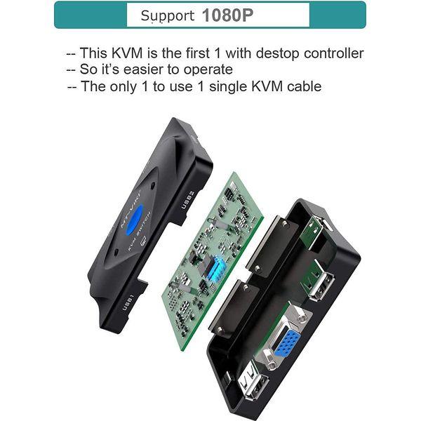 KVM Switch VGA 2 Port, MT-VIKI KVM Switcher VGA Console with 3 USB Hubs + 2in1 Cables+Desktop Selector 4