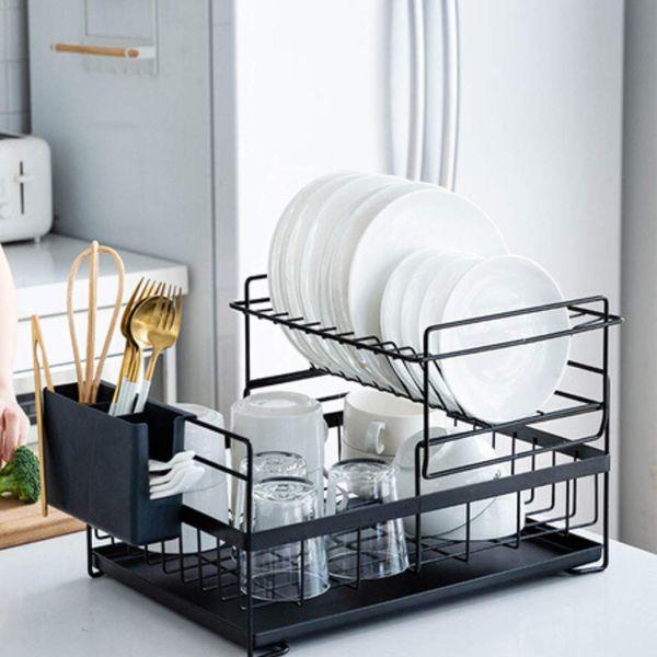 SUNFICON 2 Tier Dish Drainer Dish Drying Rack Detachable Kitchen Sink Dishes Dry Organiser Countertop Dish Draining Holder With Drip Tray Cutlery Utensil Holder RV Studio Small Flat 48×29.5×27cm Black