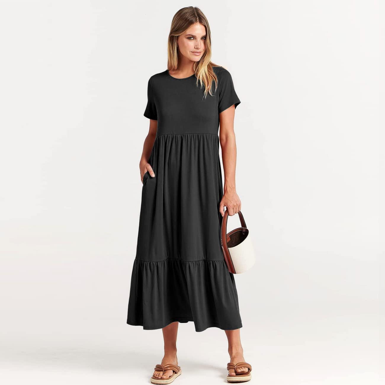 KOEMCY Women's Casual Dress Summer Midi Maxi Dress Short Sleeve Round Neck Dresses High Waist Tiered A Line Beach Dresses Sun Dress Swing Dress with Pockets (Black,S) 2