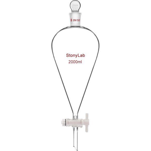 StonyLab PTFE Stopcock Separatory Funnel 2 L, Borosilicate Glass Heavy Wall Conical Pear-Shaped Separatory Funnel Separation Funnel with 29/32 Joint