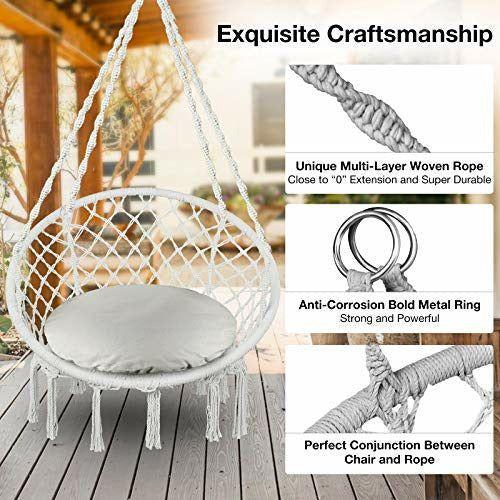 Greenstell Hammock Chair Macrame Swing with Hanging Kits, Hanging Cotton Rope Swing Chair, Comfortable Sturdy Hanging Chairs for Indoor,Outdoor,Bedroom,Patio,Yard, Garden,Home,290LBS Capacity (Beige) 2