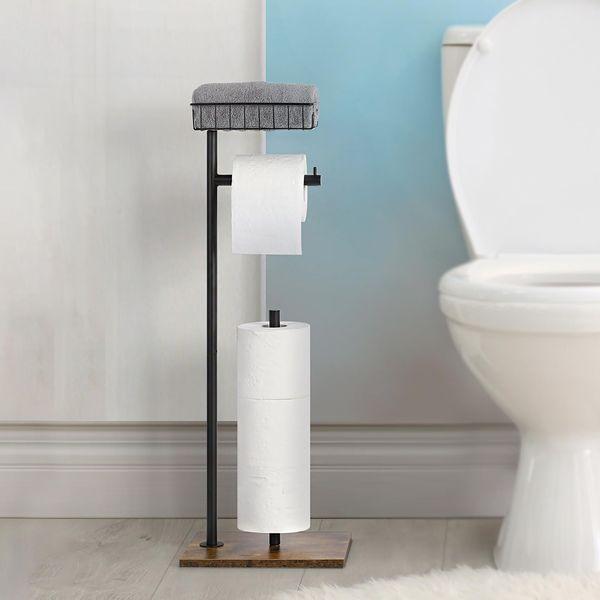 UOMIO Freestanding Toilet Roll Holder with Storage Bathroom Rustic Toilet Roll Stand Spare Paper Stand with Basket Metal Tube and Wooden Pedestal Toilet Waterproof Paper Rack Black 3