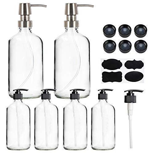 Youngever 6 Pack Clear Glass Pump Bottles, 2 Pack 500ML Boston Round Bottles with Stainless Steel Pumps, 4 Pack 250ML Clear Glass Bottles with Black Pumps, Free Labels and Extra Pumps and Lids 0