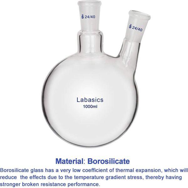 Labasics Glass 1000ml 2 Neck Round Bottom Flask RBF, with 24/40 Center and Side Standard Taper Outer Joint, 1000ml 3