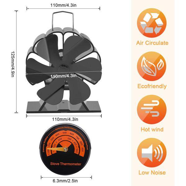 6 Blades Stove Fan Heat Powered, Wood Log Burning Stove Top Fans with Thermometer for Wood/Log Burner/Fireplace, Silent Operation, Efficient Heat Distribution 1