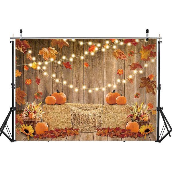 Fall Pumpkin Photography Backdrop Autumn Harvest Hay Glitter Wooden Background 8x6FT Maple Sunflowers Newborn Baby Shower Banner Party Decorations Photo Booth Props 1