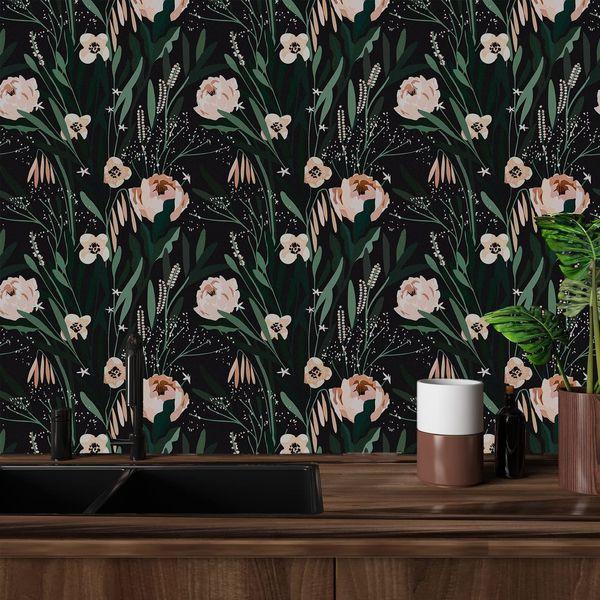 VaryPaper Pink Flower Wallpaper Self Adhesive Floral Black Contact Paper 44.5cmx800cm Sticky Back Plastic Furniture Vinyl Wrap Lining Paper Botanical Wall Art for Living Room Worktop Vinyl Covering 3