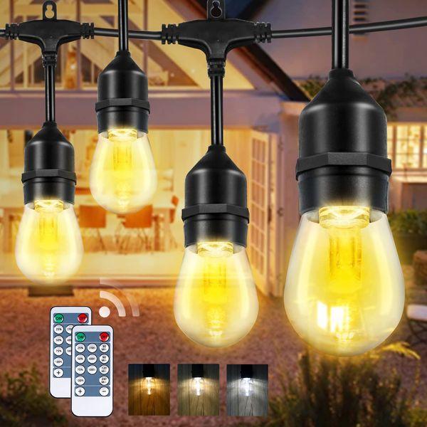 Comyan 3 Color Dimmable LED Outdoor String Lights Mains Powered with Remotes, 48FT Waterproof Patio Hanging Lights with S14 LED Bulbs Christmas String Light for Garden, Backyard, Cafe, Party, Wedding