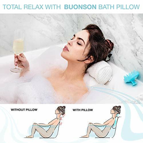 buonson Bath Pillow 4D with 7 Non Slip Suction Cups And Free Massage Brush - Luxury Bath Headrest Cushion for Head, Neck and Shoulder Support - Fits All Bathtub, Hot Tub and Home Spa 4