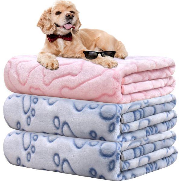 Rezutan Dog Blankets, Puppy Blankets, Dog Blankets Washable, Flannel Throws for Dog Cat, Fleece Dog Blanket for Sofa, Bed, Car Seat, 3 Pack(2 Blue+1 Pink), 110x80cm