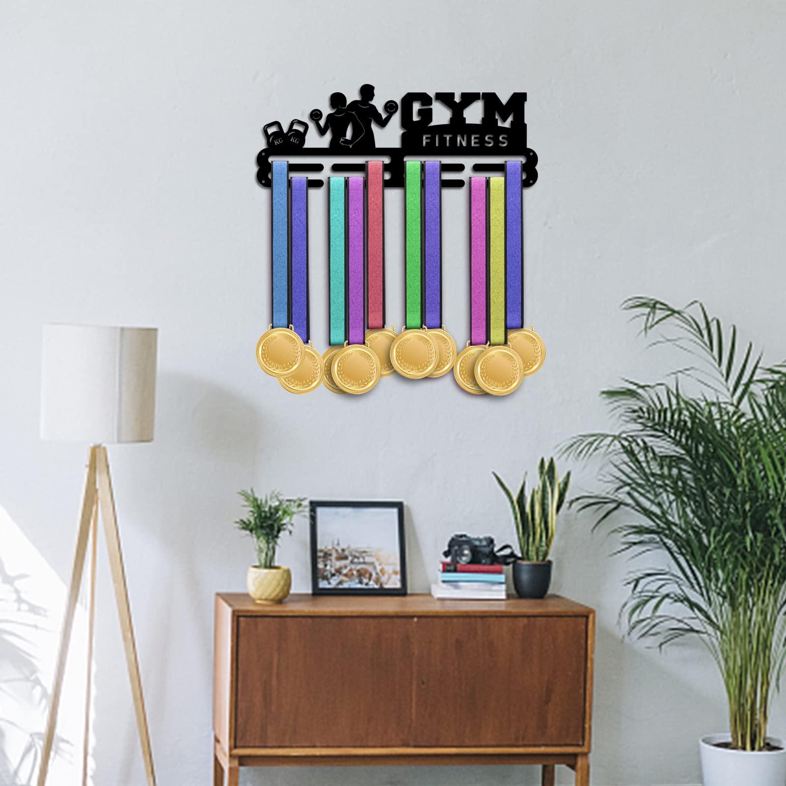 PH PandaHall Fitness Medal Hanger, Award Display Holders 3 Lines Sport Award Rack Wall Mount Iron Frame Celebration Award Ribbon Hanger for over 50 Medals Necklace Jewellery 40x15cm/15.7x5.9inch 4