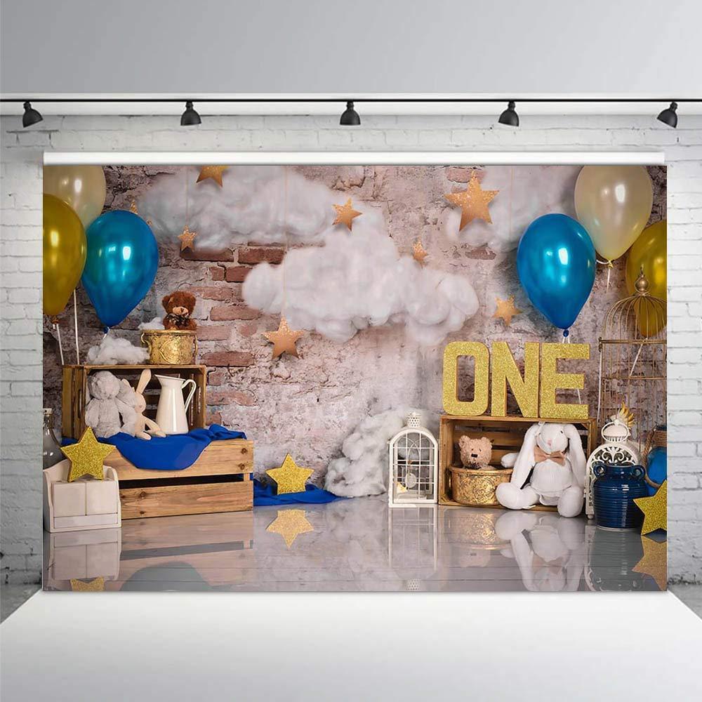 MEHOFOND 7x5ft Blue and Gold Boy One Birthday Photo Studio Portrait Backdrop Props Balloons Cloud Stars Retro Wall Happy 1st Birthday Party Decorations Photography Background Banner 0